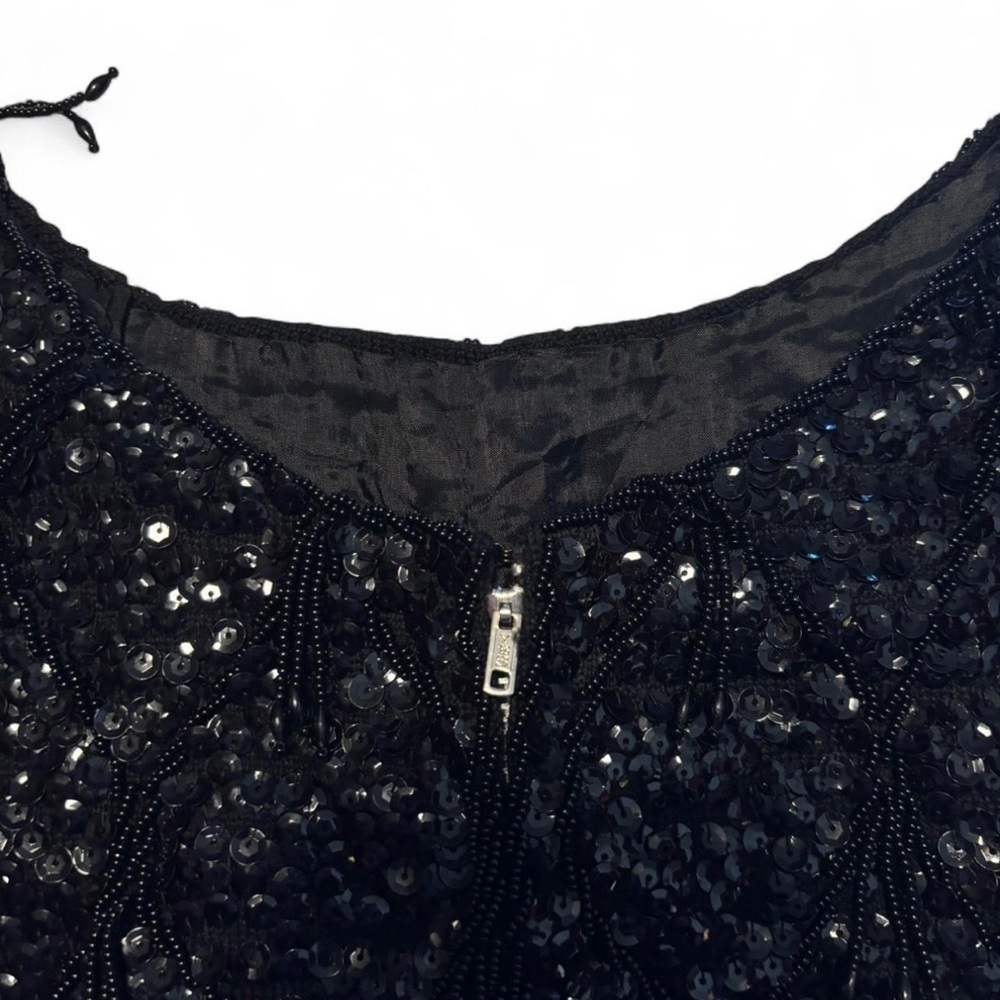VTG 60s Beaded Sequin Wool Tank Top Black Fringe Flapper Hong Kong S - Picture 5 of 6
